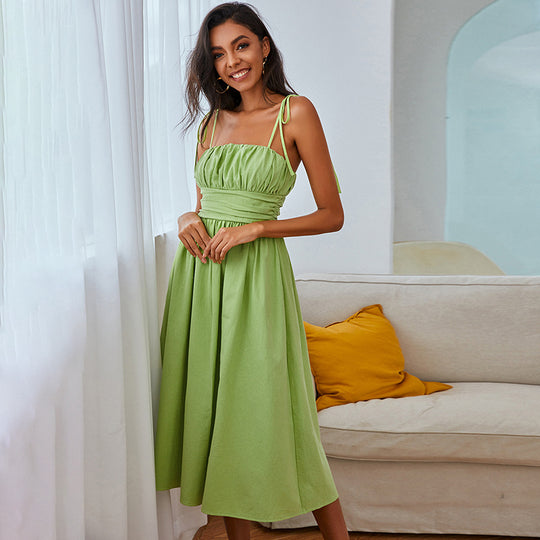 Damen Midi-Kleid mit elastischem Taillenbund und verstellbaren Spaghettiträgern EB