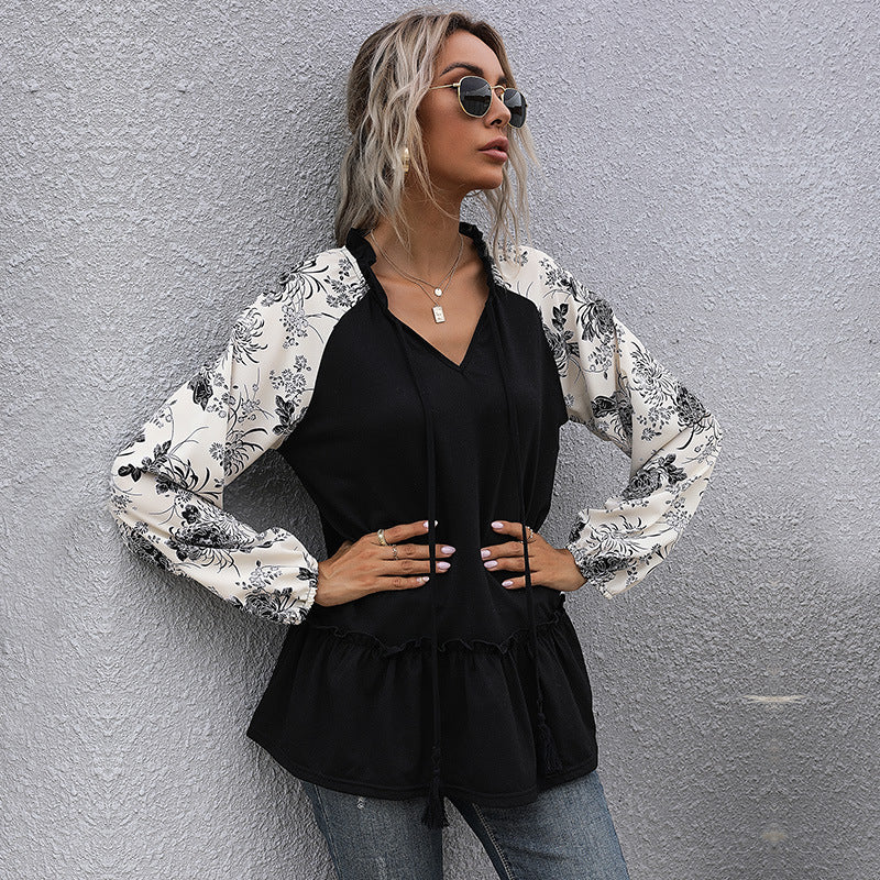 Damen modische Bluse mit floralem Ärmeldetail EB