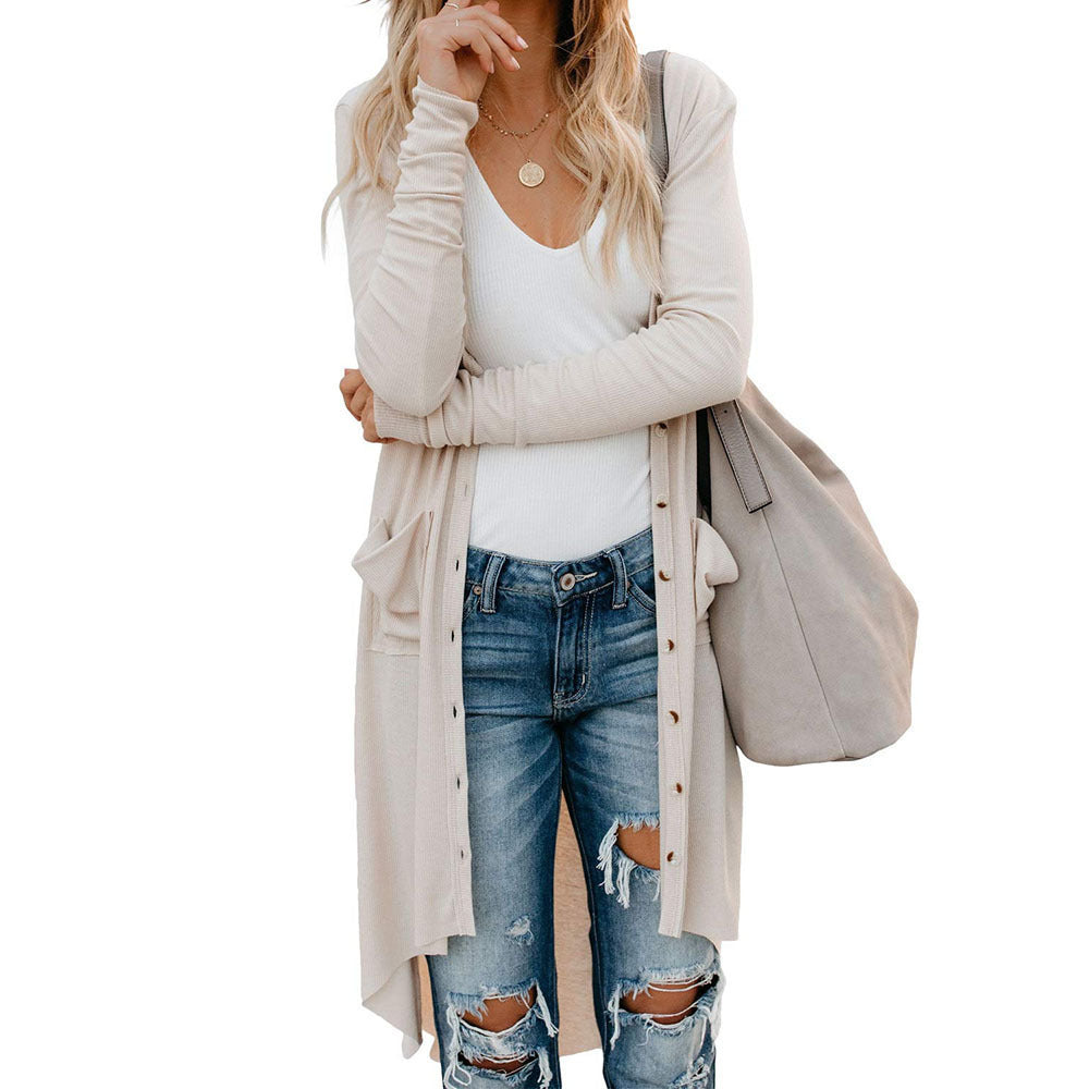 Damen Lange Strickjacke mit praktischen Taschen und Knopfleiste EB