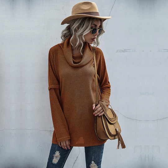 Damen modischer Oversized Pullover mit weitem Kragen und Rippstruktur EB