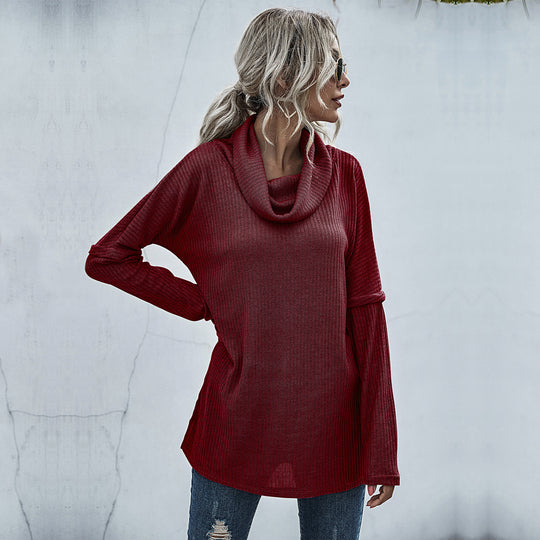 Damen modischer Oversized Pullover mit weitem Kragen und Rippstruktur EB