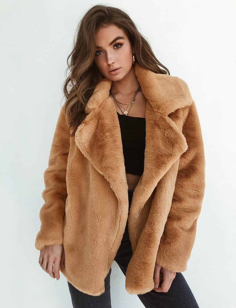 Damen Fleece-Mantel mit weitem Kragen und modischem Schnitt EB