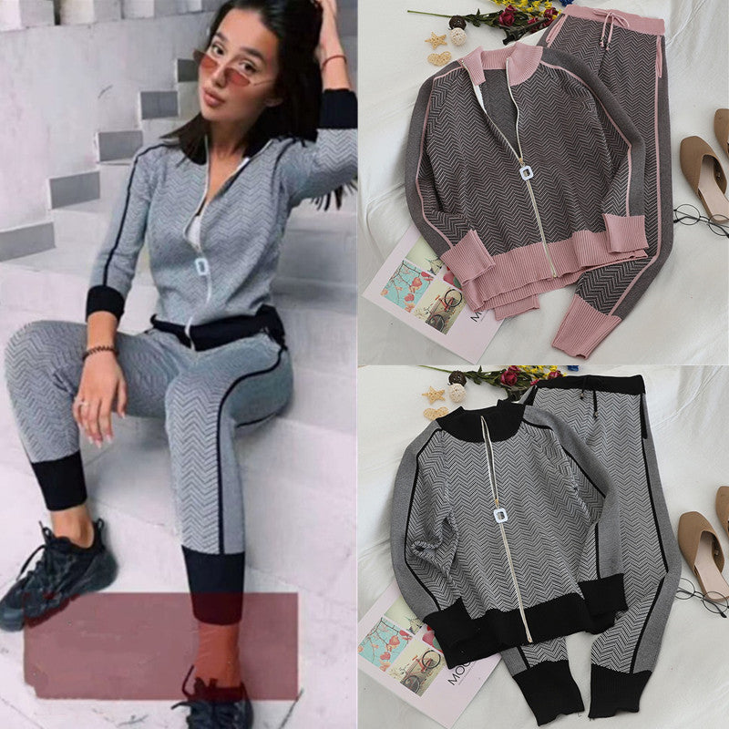 Damen modisches Strick-Loungewear-Set mit geometrischem Muster und elegantem Reißverschluss EB