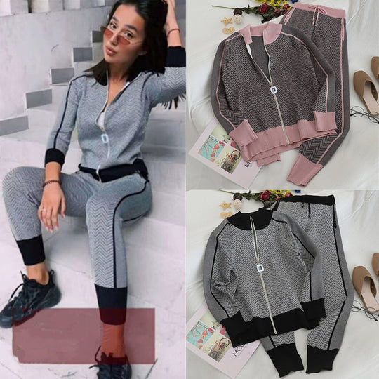 Damen modisches Strick-Loungewear-Set mit geometrischem Muster und elegantem Reißverschluss EB
