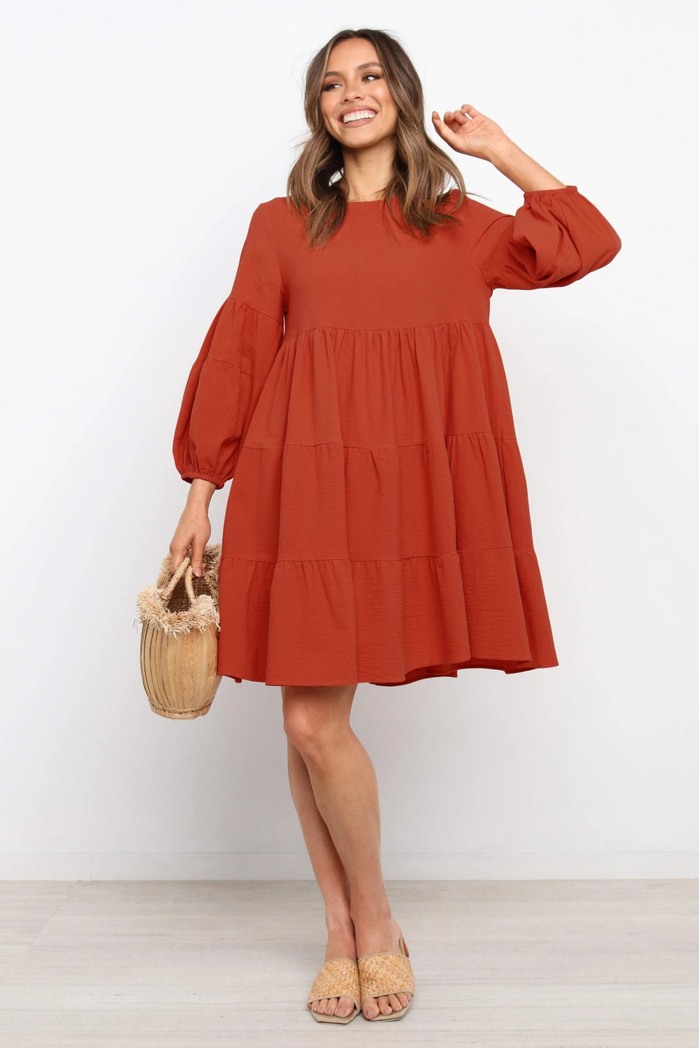 Damen luftiges Jersey-Kleid mit voluminösen Ärmeln und Rüschen EB