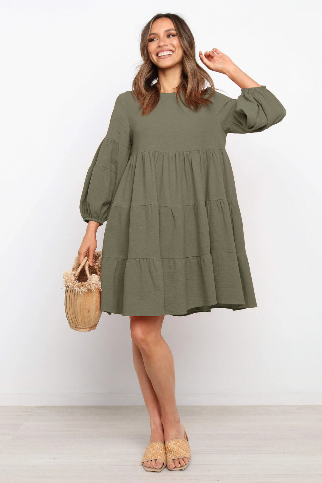 Damen luftiges Jersey-Kleid mit voluminösen Ärmeln und Rüschen EB