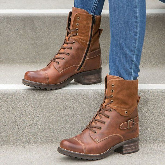 Damen nan knöchelhohe Schnürstiefel mit Velourskragen, dekorativer Schnalle und dämpfender Profilsohle EB