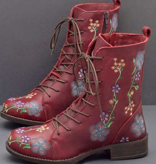 Damen bestickte Combat-Stiefelette mit floralem Stickmotiv, seitlicher Reißverschluss und gepolstertem Komfortfußbett EB