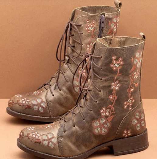 Damen bestickte Combat-Stiefelette mit floralem Stickmotiv, seitlicher Reißverschluss und gepolstertem Komfortfußbett EB