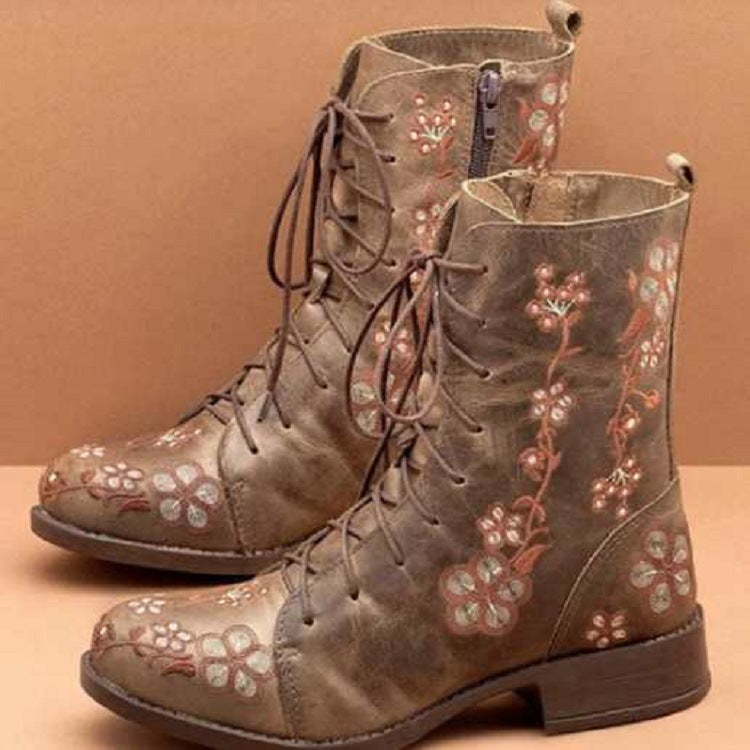 Damen bestickte Combat-Stiefelette mit floralem Stickmotiv, seitlicher Reißverschluss und gepolstertem Komfortfußbett EB