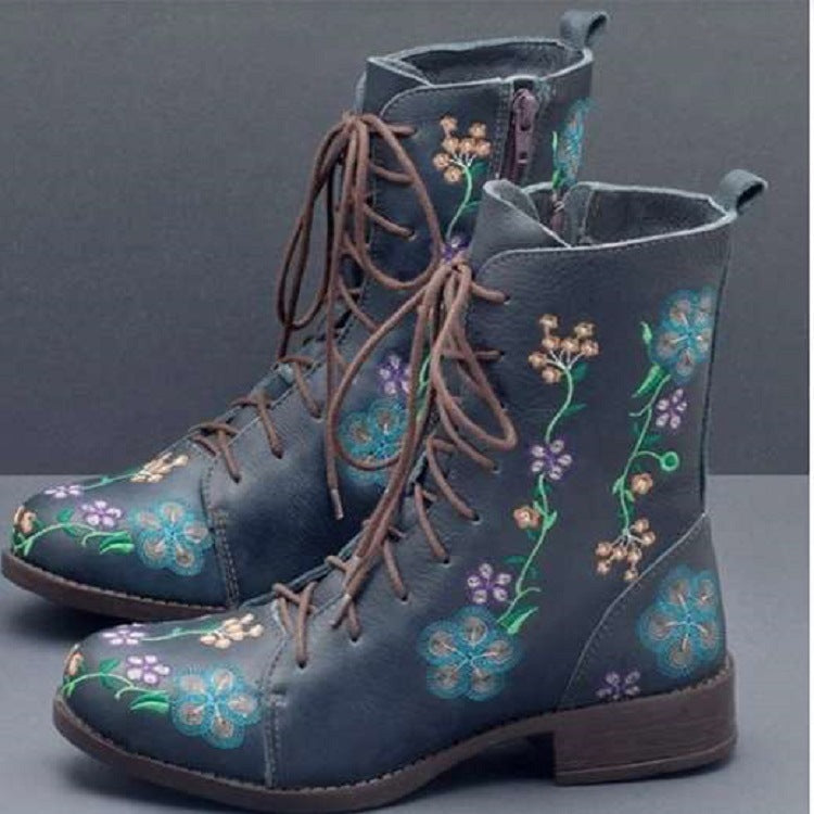Damen bestickte Combat-Stiefelette mit floralem Stickmotiv, seitlicher Reißverschluss und gepolstertem Komfortfußbett EB