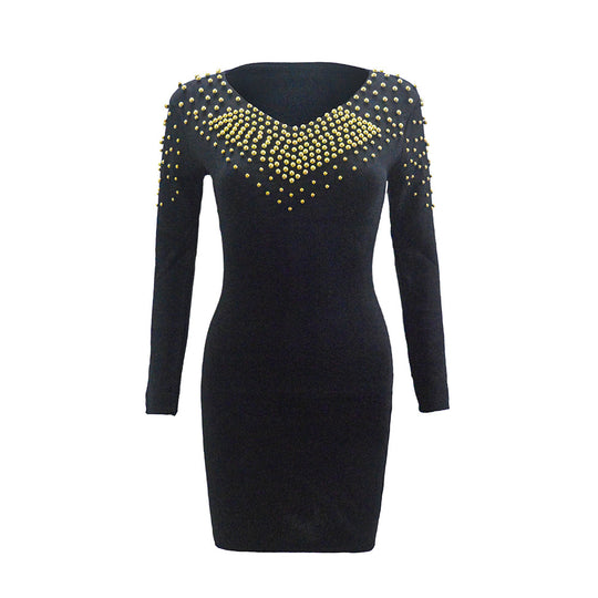 Damen Figurbetontes Minikleid mit goldenen Nieten und V-Ausschnitt EB