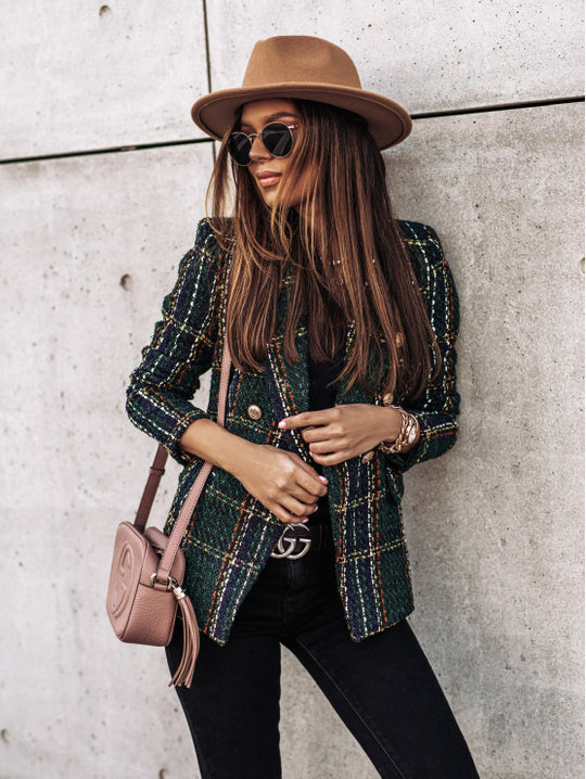 Damen modische Blazerjacke im Tweed-Stil mit schicken Knopfdetails EB