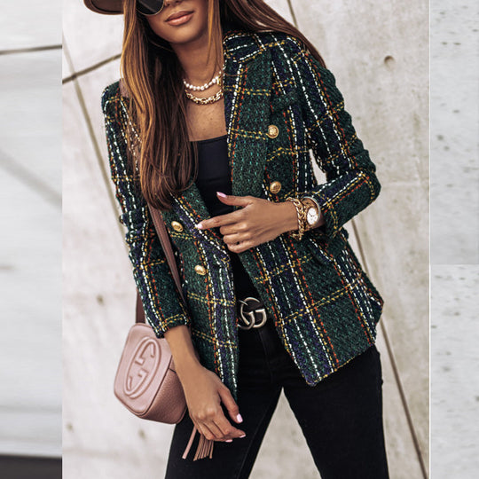 Damen modische Blazerjacke im Tweed-Stil mit schicken Knopfdetails EB