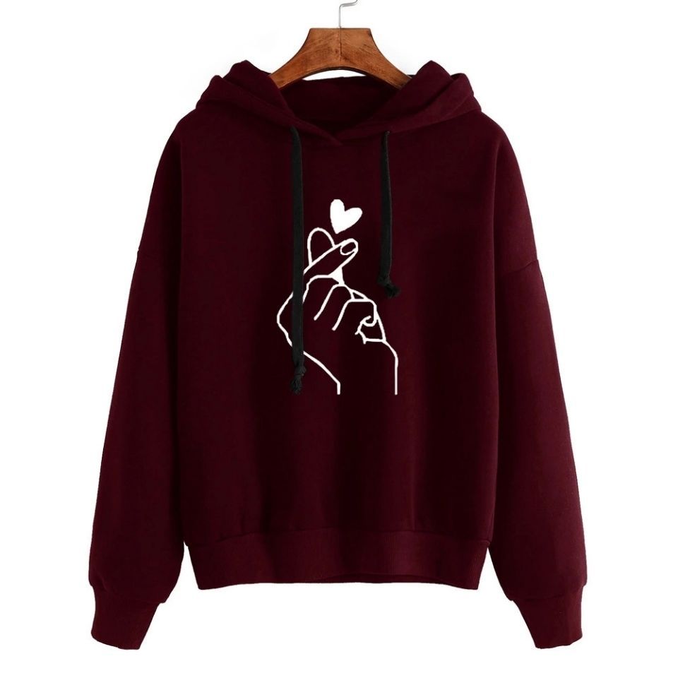 Damen Oversize-Kapuzenpullover mit Fingerherz‑Print und Kordelzug EB