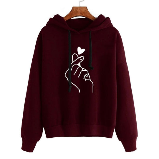 Damen Oversize-Kapuzenpullover mit Fingerherz‑Print und Kordelzug EB