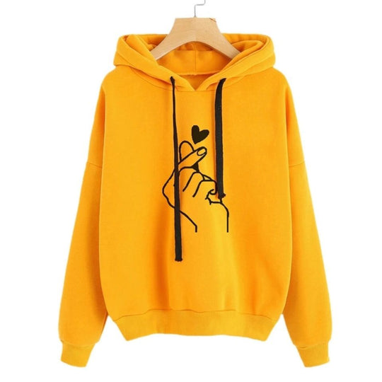 Damen Oversize-Kapuzenpullover mit Fingerherz‑Print und Kordelzug EB