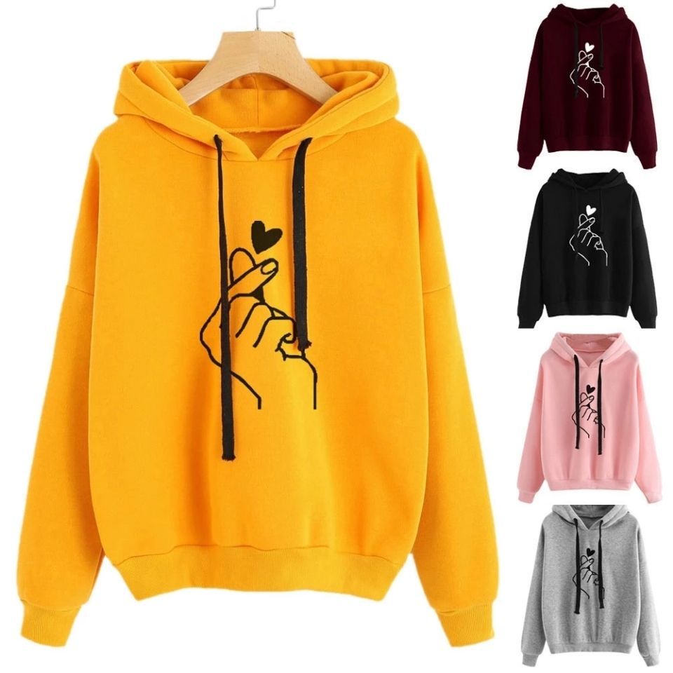 Damen Oversize-Kapuzenpullover mit Fingerherz‑Print und Kordelzug EB