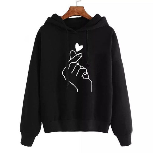 Damen Oversize-Kapuzenpullover mit Fingerherz‑Print und Kordelzug EB