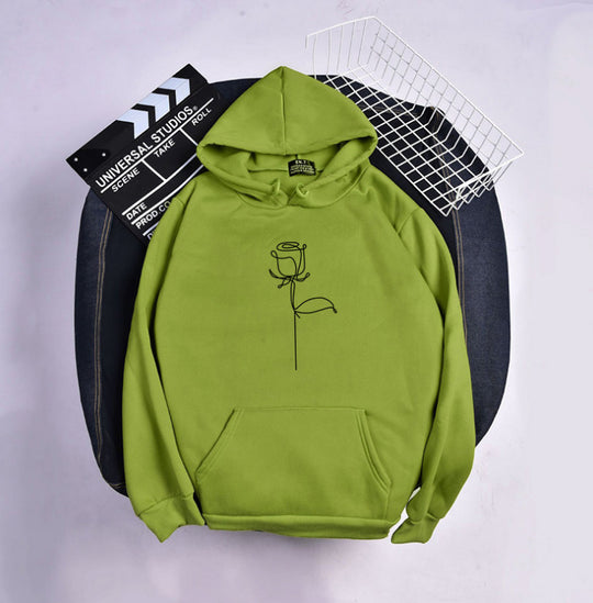 Unisex nan Kapuzenpullover mit minimalistischer Rosenlinien-Illustration, Kängurutasche und angerautem Innenfutter EB