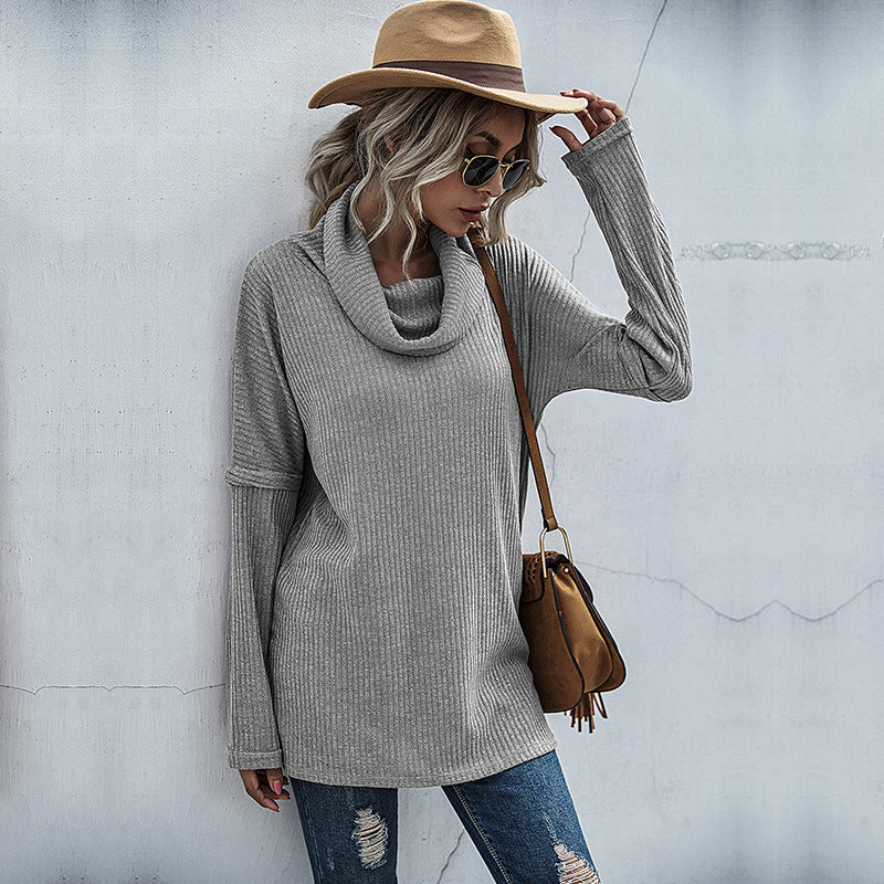 Damen modischer Oversized Pullover mit weitem Kragen und Rippstruktur EB