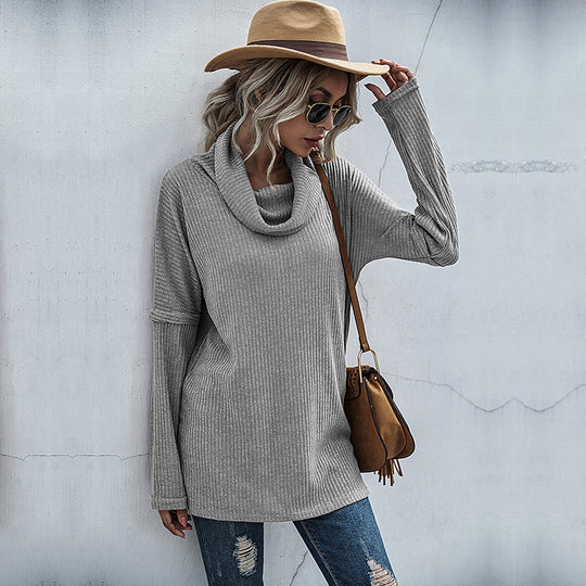 Damen modischer Oversized Pullover mit weitem Kragen und Rippstruktur EB