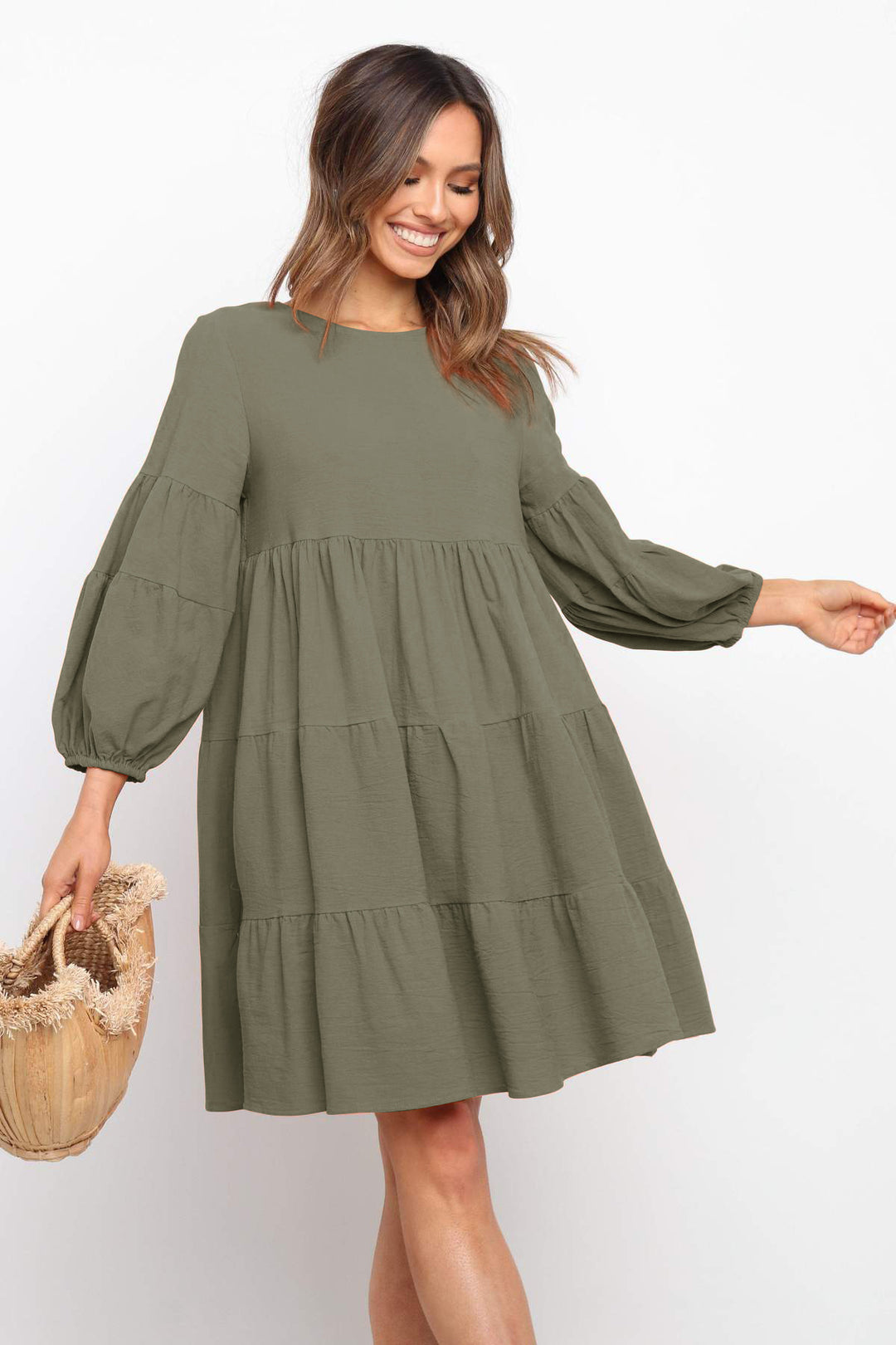 Damen luftiges Jersey-Kleid mit voluminösen Ärmeln und Rüschen EB