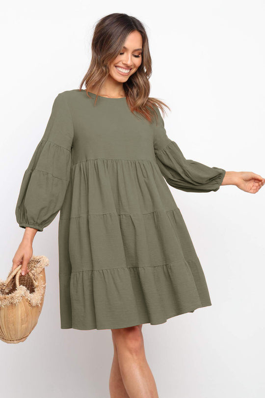 Damen luftiges Jersey-Kleid mit voluminösen Ärmeln und Rüschen EB