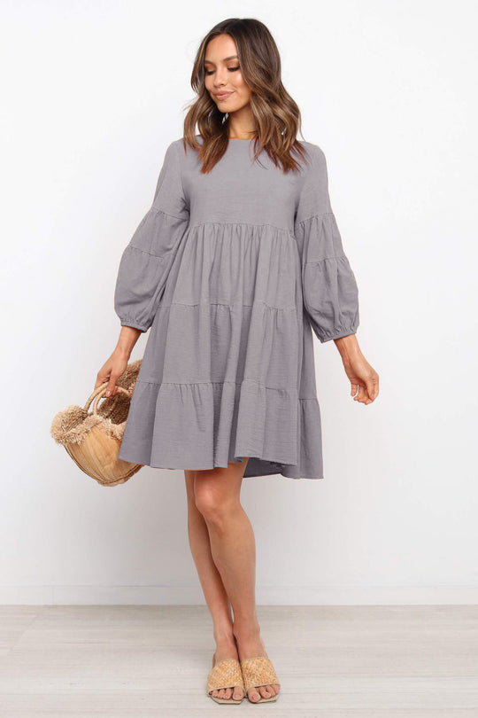 Damen luftiges Jersey-Kleid mit voluminösen Ärmeln und Rüschen EB