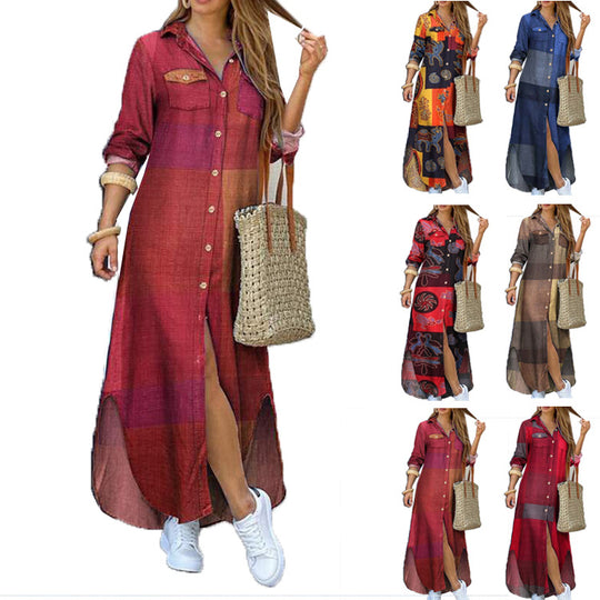 Damen nan langes Hemdkleid mit floralem Muster und seitlichem Schlitz EB