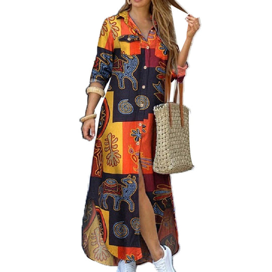 Damen nan langes Hemdkleid mit floralem Muster und seitlichem Schlitz EB