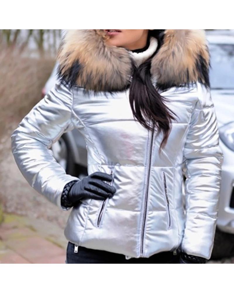 Damen Modische Steppjacke mit Kunstpelzkragen EB