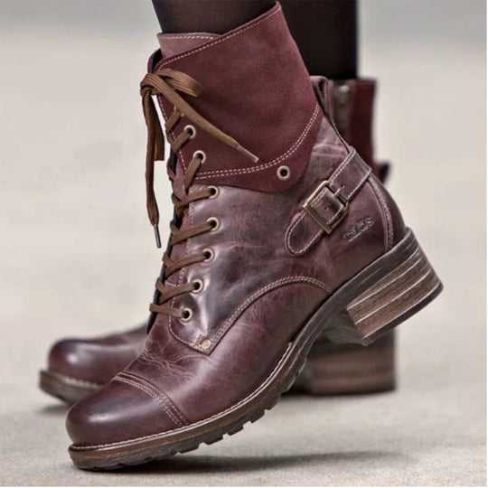 Damen nan knöchelhohe Schnürstiefel mit Velourskragen, dekorativer Schnalle und dämpfender Profilsohle EB