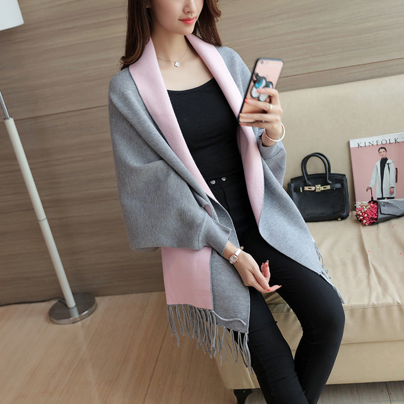 Damen eleganter Schal mit Fransen und kontrastierenden Farbdetails EB