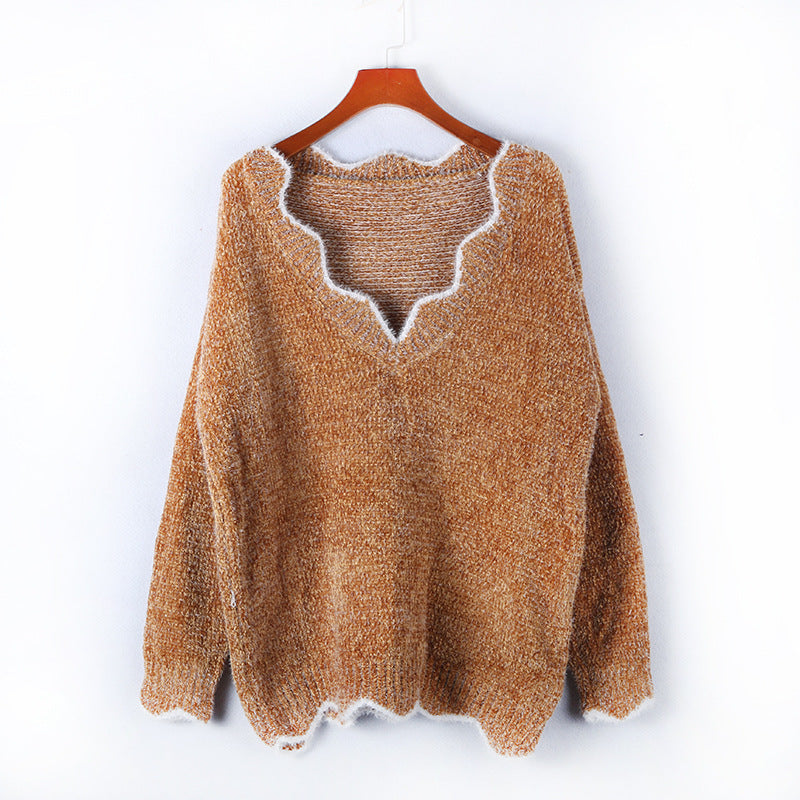 Damen kuscheliger Strickpullover mit tiefem V-Ausschnitt und gewellten Abschlüssen EB