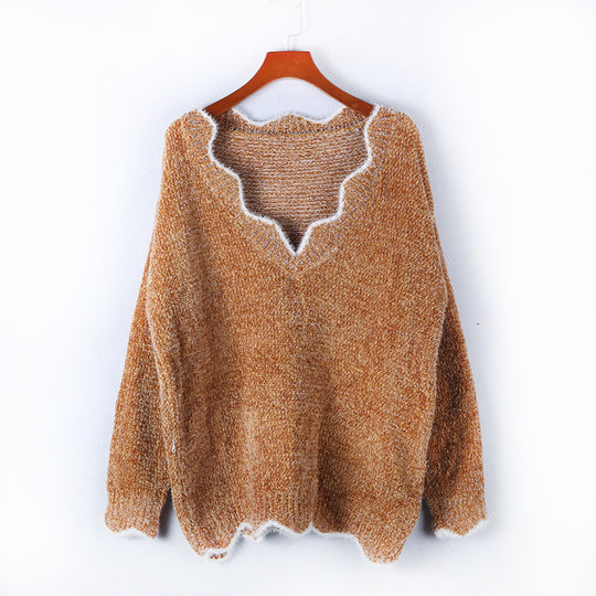 Damen kuscheliger Strickpullover mit tiefem V-Ausschnitt und gewellten Abschlüssen EB