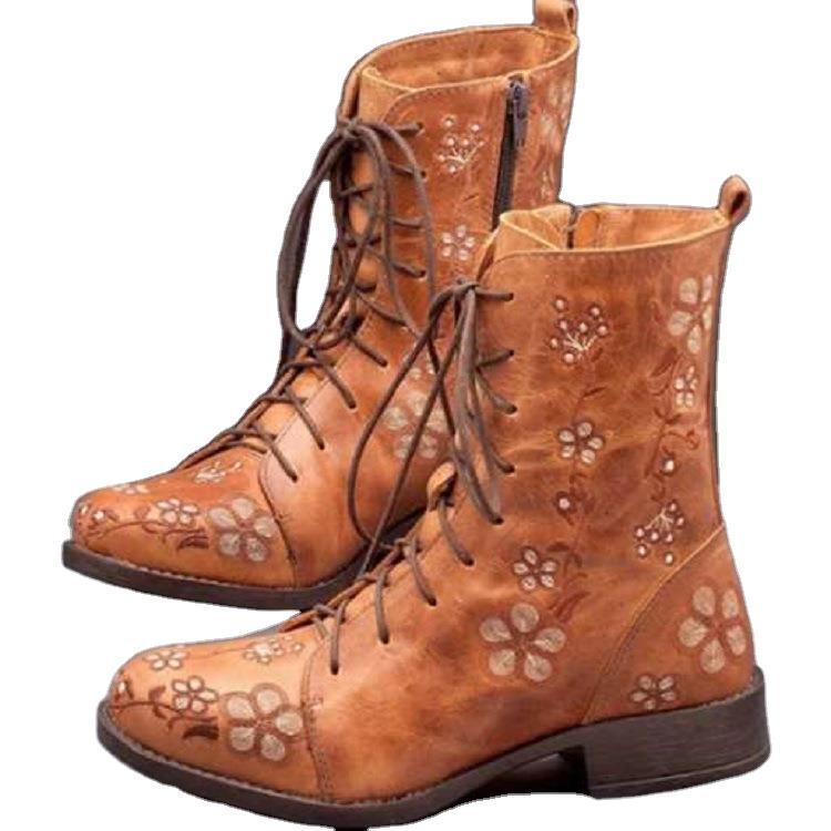 Damen bestickte Combat-Stiefelette mit floralem Stickmotiv, seitlicher Reißverschluss und gepolstertem Komfortfußbett EB