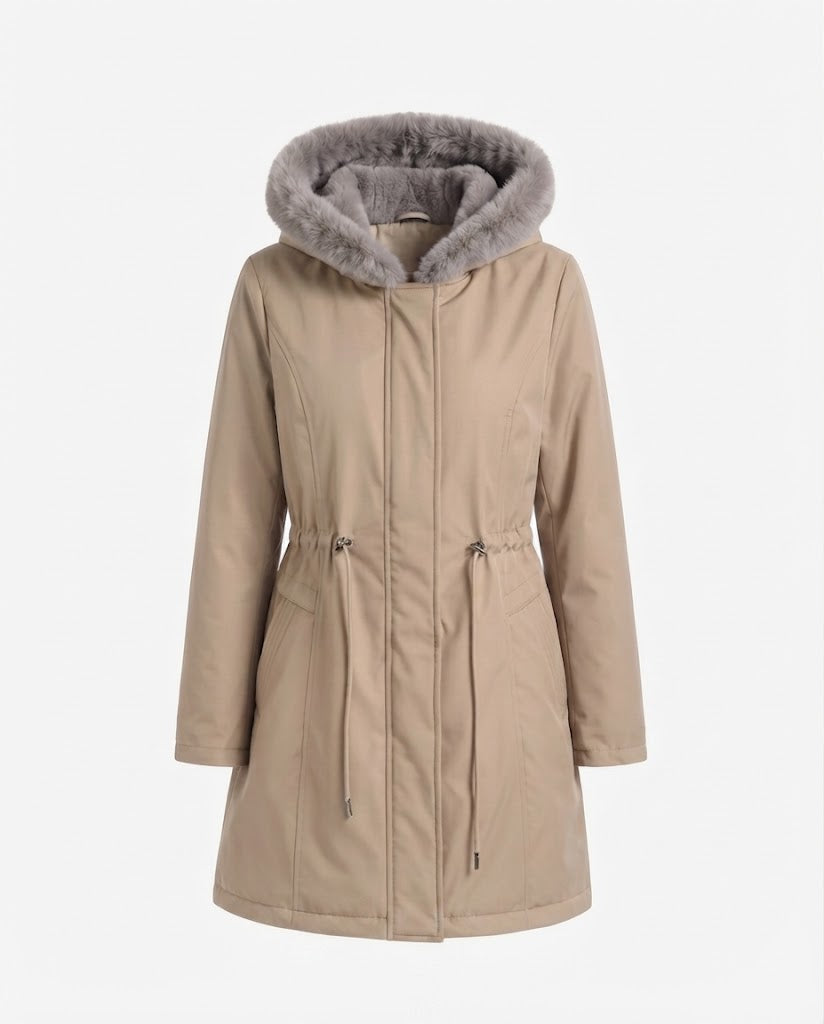 Damen nan midilanger Thermoparka mit abnehmbarer Teddykapuze, Taillenzug und verdeckter Frontblende EB