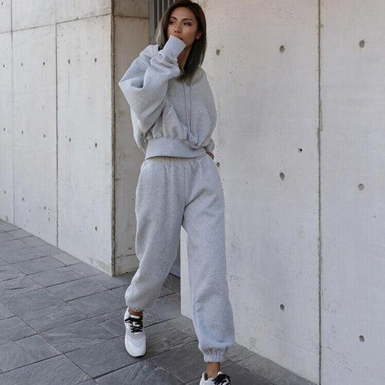 Damen nan kuscheliges kurzes Kapuzenpullover- und hochgeschnittene Jogginghose Set EB