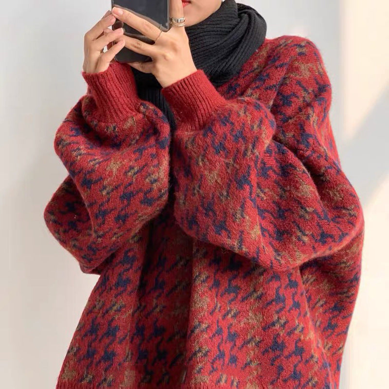 Damen Grob gestrickter Pullover mit modernen Mustern und hohem Kragen EB