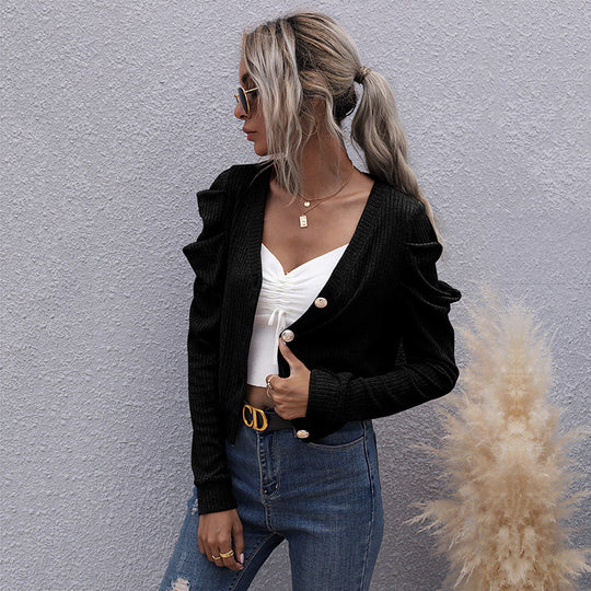 Damen Strickjacke mit dekorativen Knopfdetails und voluminösen Ärmeln EB