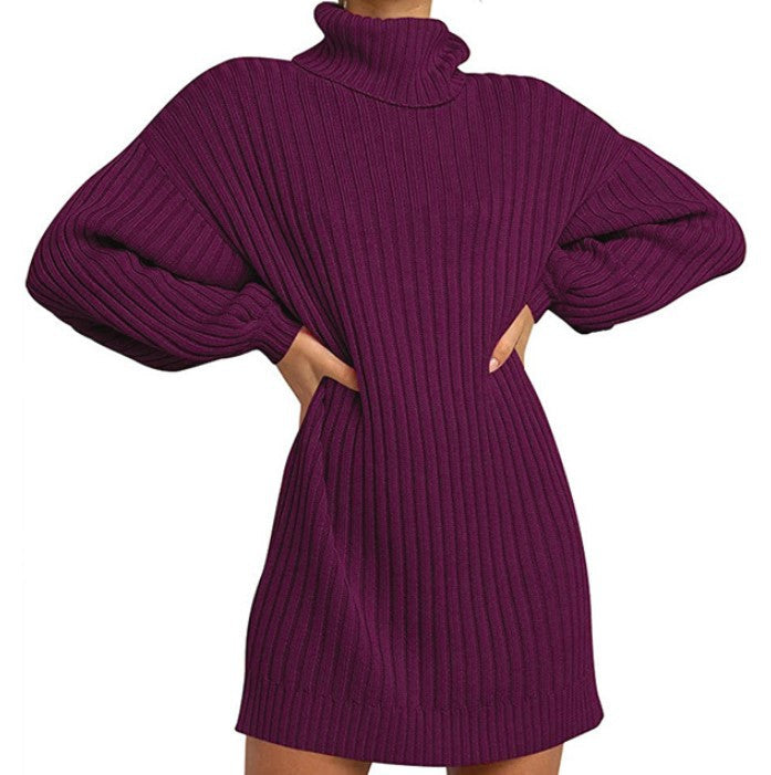 Damen Grobstrick Pulloverkleid mit hohem Kragen und überschnittenen Schultern EB