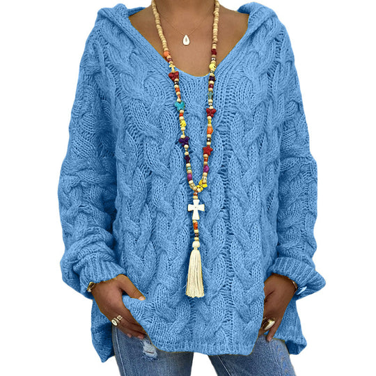 Damen nan oversized Kapuzenpullover mit Zopfmuster, tiefem V-Ausschnitt und seitlichen Schlitzen EB