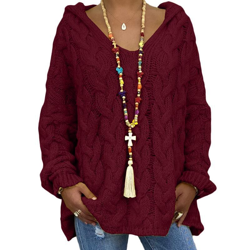 Damen nan oversized Kapuzenpullover mit Zopfmuster, tiefem V-Ausschnitt und seitlichen Schlitzen EB