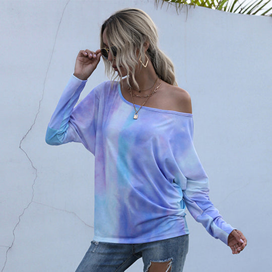 Damen lässiges Oversized Oberteil mit asymmetrischem Ausschnitt und trendigem Farbverlauf EB