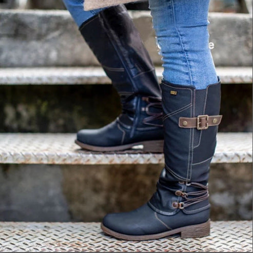 Damen nan wadenhohe Stiefel in Lederoptik mit verstellbaren Zierriemen und profilierter Gummisohle EB