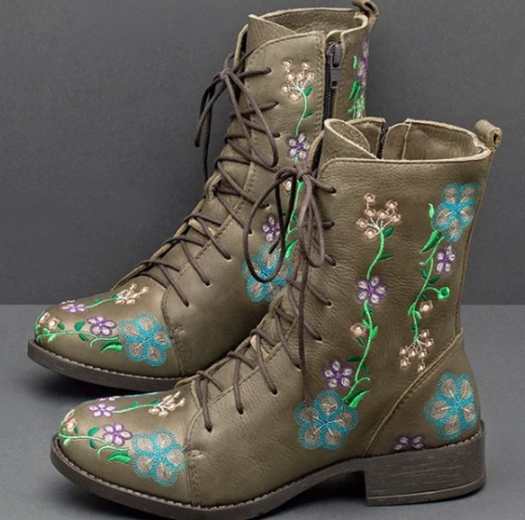 Damen bestickte Combat-Stiefelette mit floralem Stickmotiv, seitlicher Reißverschluss und gepolstertem Komfortfußbett EB