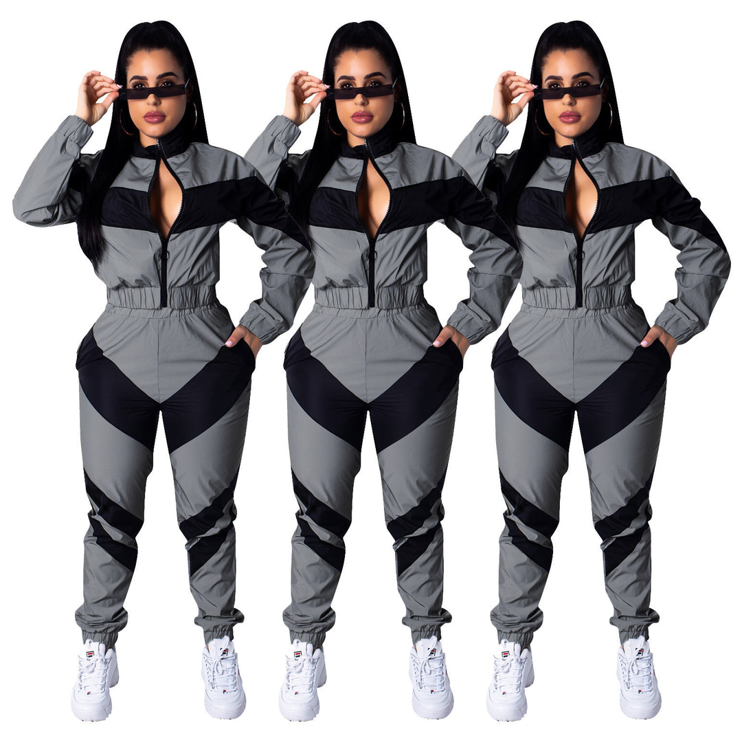 Damen sportlicher Jumpsuit mit modischen Farbblockdetails und hohem Kragen EB