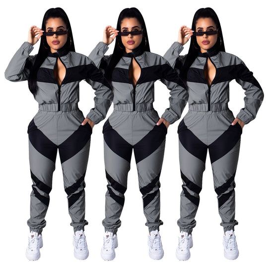 Damen sportlicher Jumpsuit mit modischen Farbblockdetails und hohem Kragen EB
