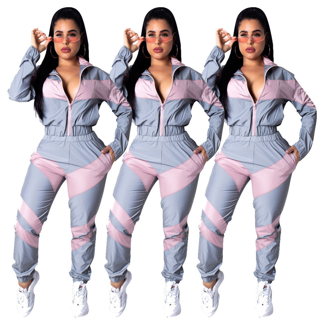 Damen sportlicher Jumpsuit mit modischen Farbblockdetails und hohem Kragen EB